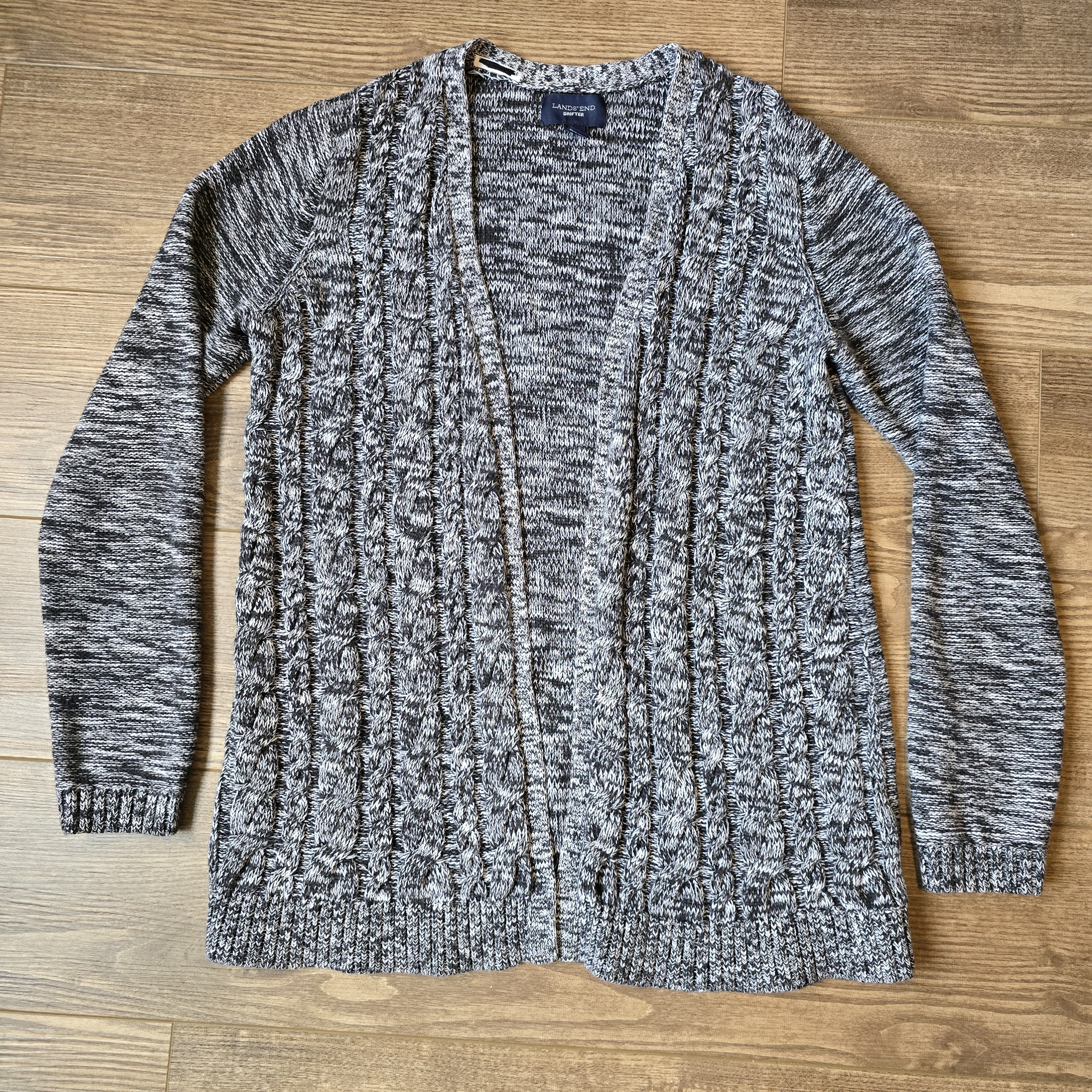 Lands End Sweater Womens S Black White Knit Cotton Open Cardigan Academia Preppy